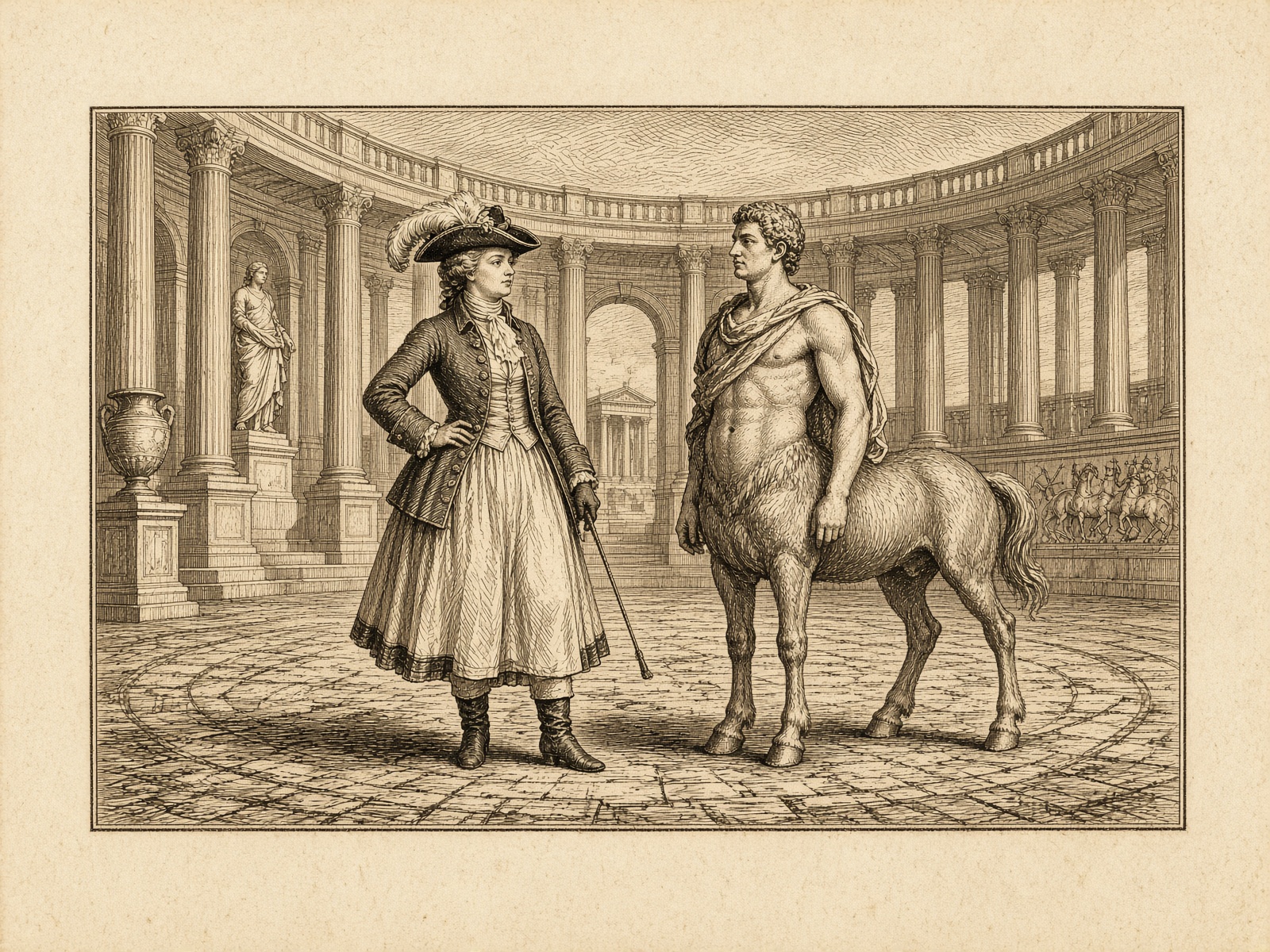 A satirical engraving of a woman in a riding habit standing beside a centaur among classical columns.