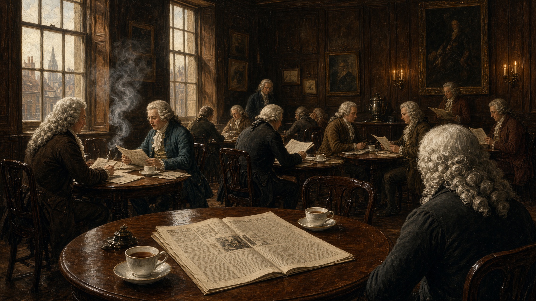 Gentlemen in periwigs at Button's Coffee-house, a Spectator sheet open on a walnut table.