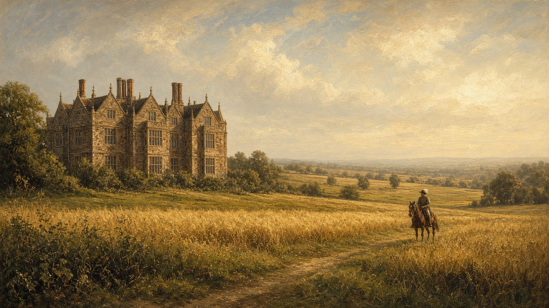 A stone English country house across hayfields, with a distant rider.