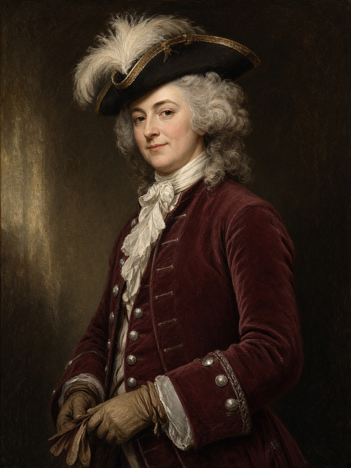 Three-quarter portrait of a woman in a cocked hat, plume, periwig and claret riding-coat.