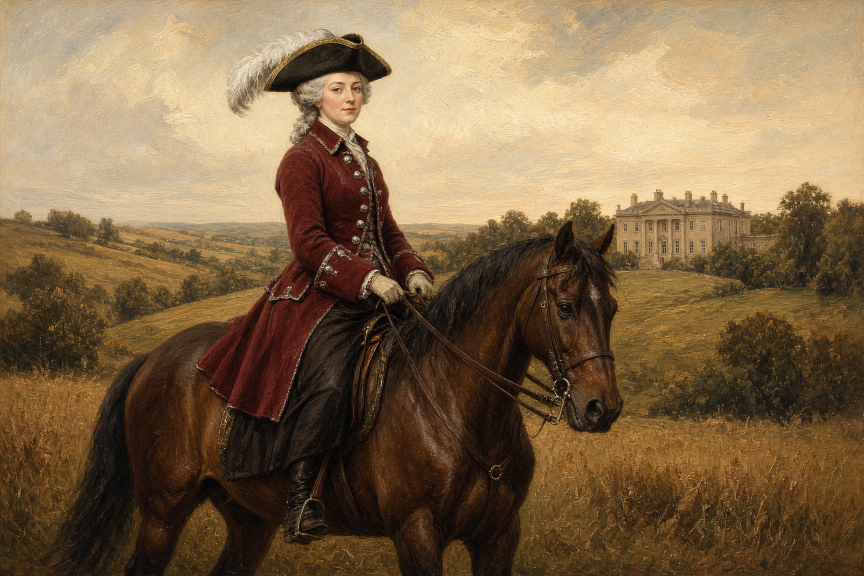 A woman riding across English pasture in a cocked hat, plume, claret coat and petticoat.