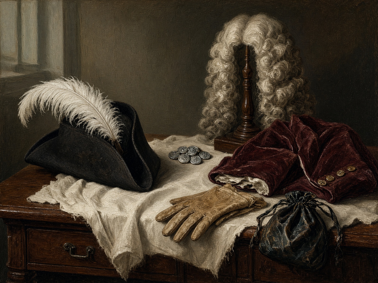 Still life of a cocked hat with plume, periwig, riding-coat, gloves and ribbon bag.